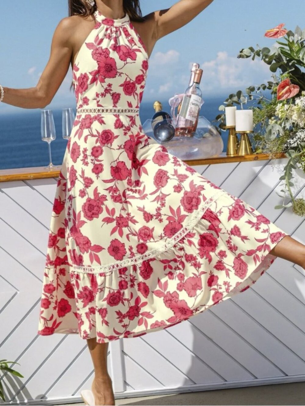 Cupshe Cream Halter Maxi Dress with Red Floral Print